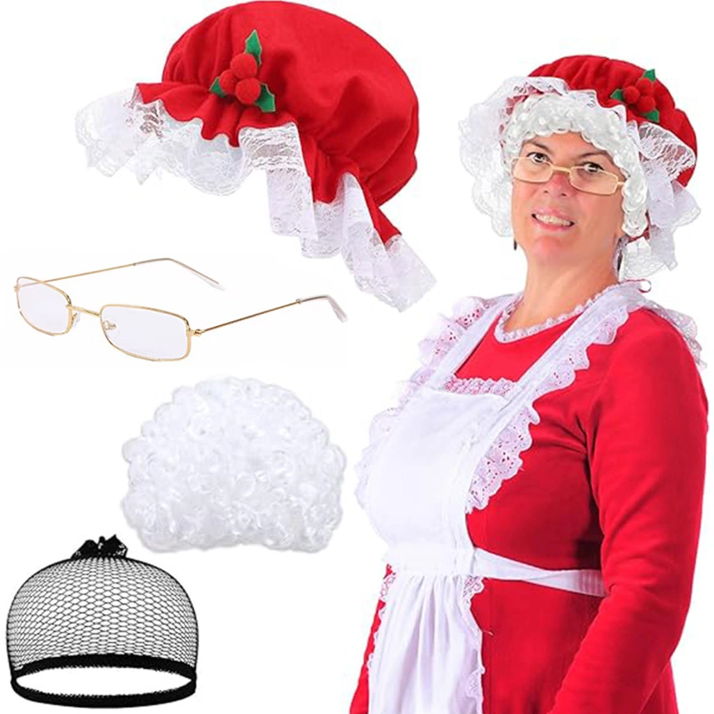 Mrs Claus Costume Accessories for Women, Wig Hat Glasses Hair Net