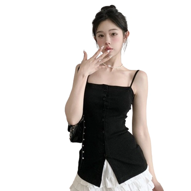 Women Spaghetti Strap Cami Button-up Solid Color Slim Fit Tank Tops