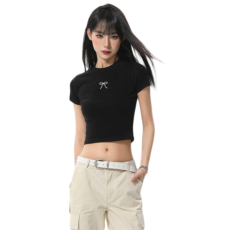 Women Crop Tops Bowknot Print Short Sleeve Round Neck T-Shirt