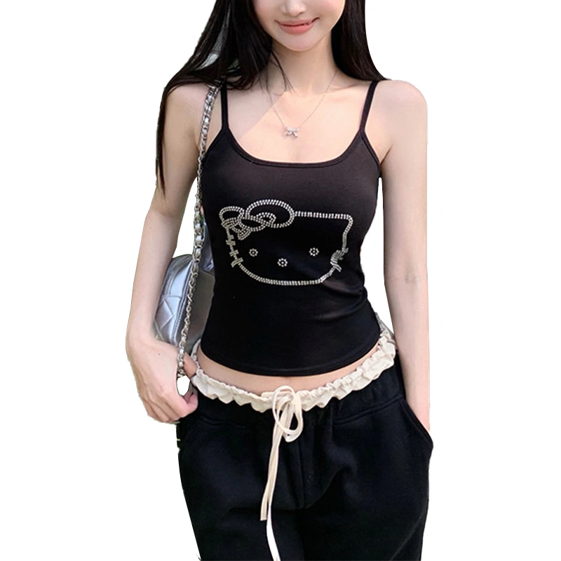 Womens Crop Padded Camisole Slim Cat Rhinestone Scoop Neck Cami Tops