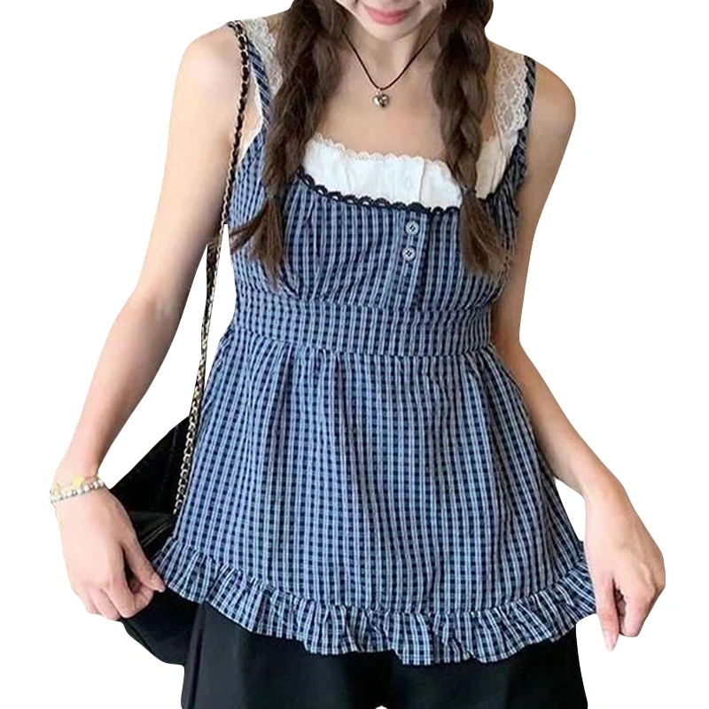 Women Plaid Tank Tops Double Layered Lace Smocked Ruffled Crop Cami