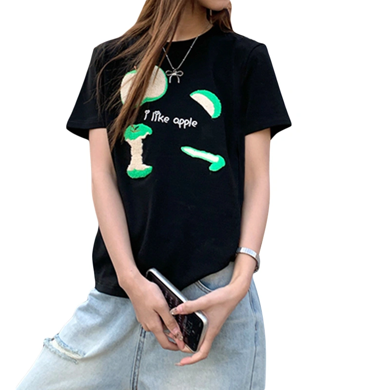 Women's Round Neck Tops Short Sleeve Fruit Embroidery Slim Fit T-shirt