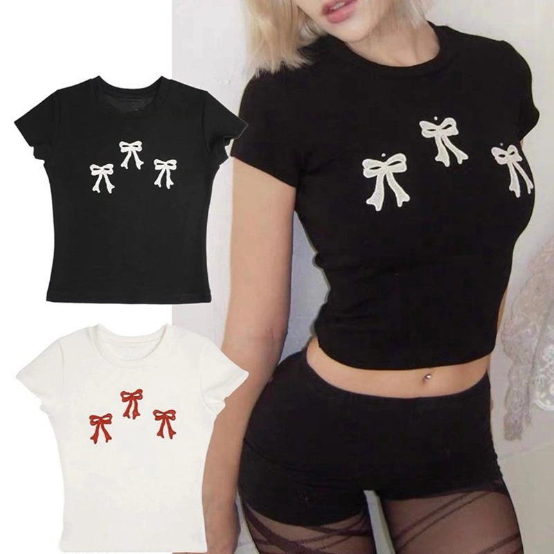 Women Slim Crop Tops Short Sleeve Round Neck Bow Print T-shirt