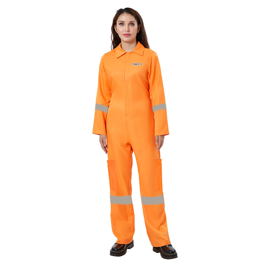 Women Halloween Prisoner Costume Long Sleeve Button Down Jumpsuit