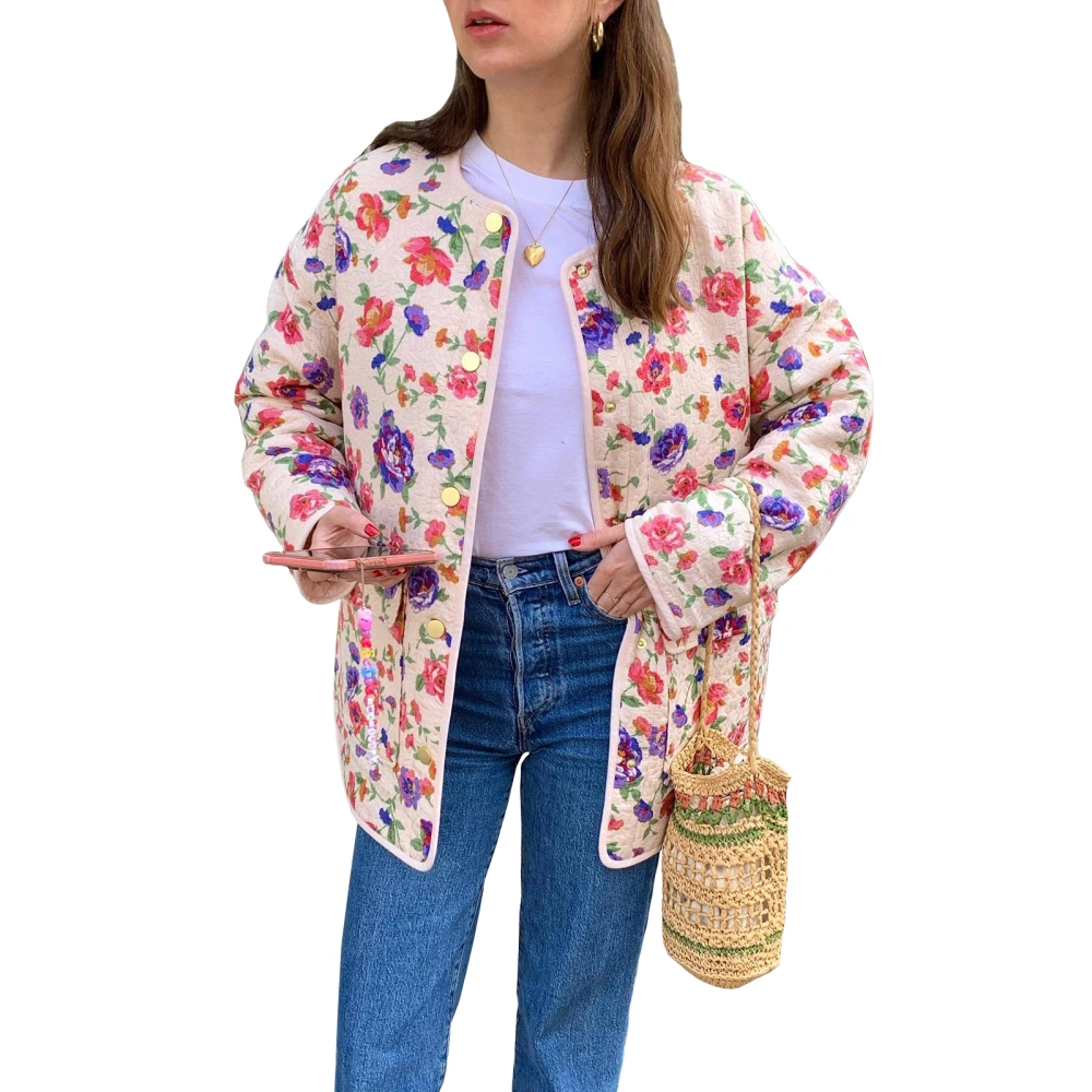 Women's Fall Floral Quilted Jackets Long Sleeve Button Puffer Coat