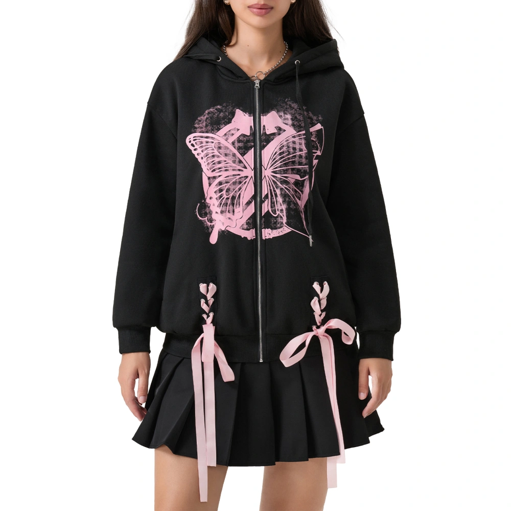 Women's Loose Hoodies Butterfly Print Long Sleeve Teen Fall Jacket