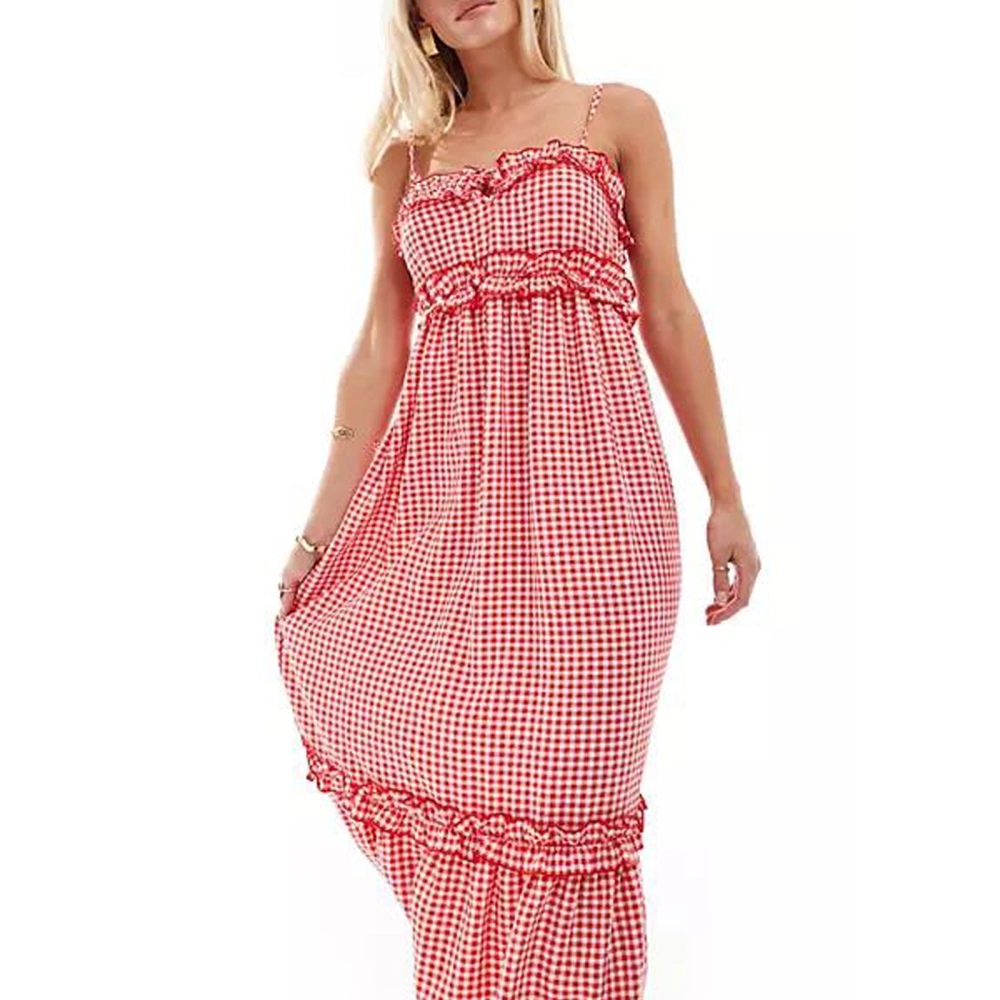 Women Long Dress Plaid Ruffles Sleeveless Spaghetti Strap Dress