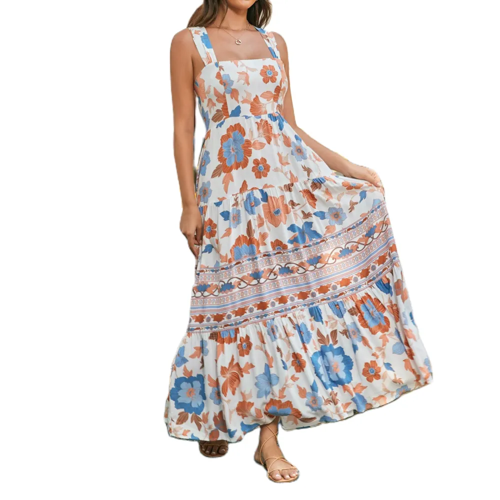 Women's Summer Long Cami Dress Floral Print Backless Flowy Dress