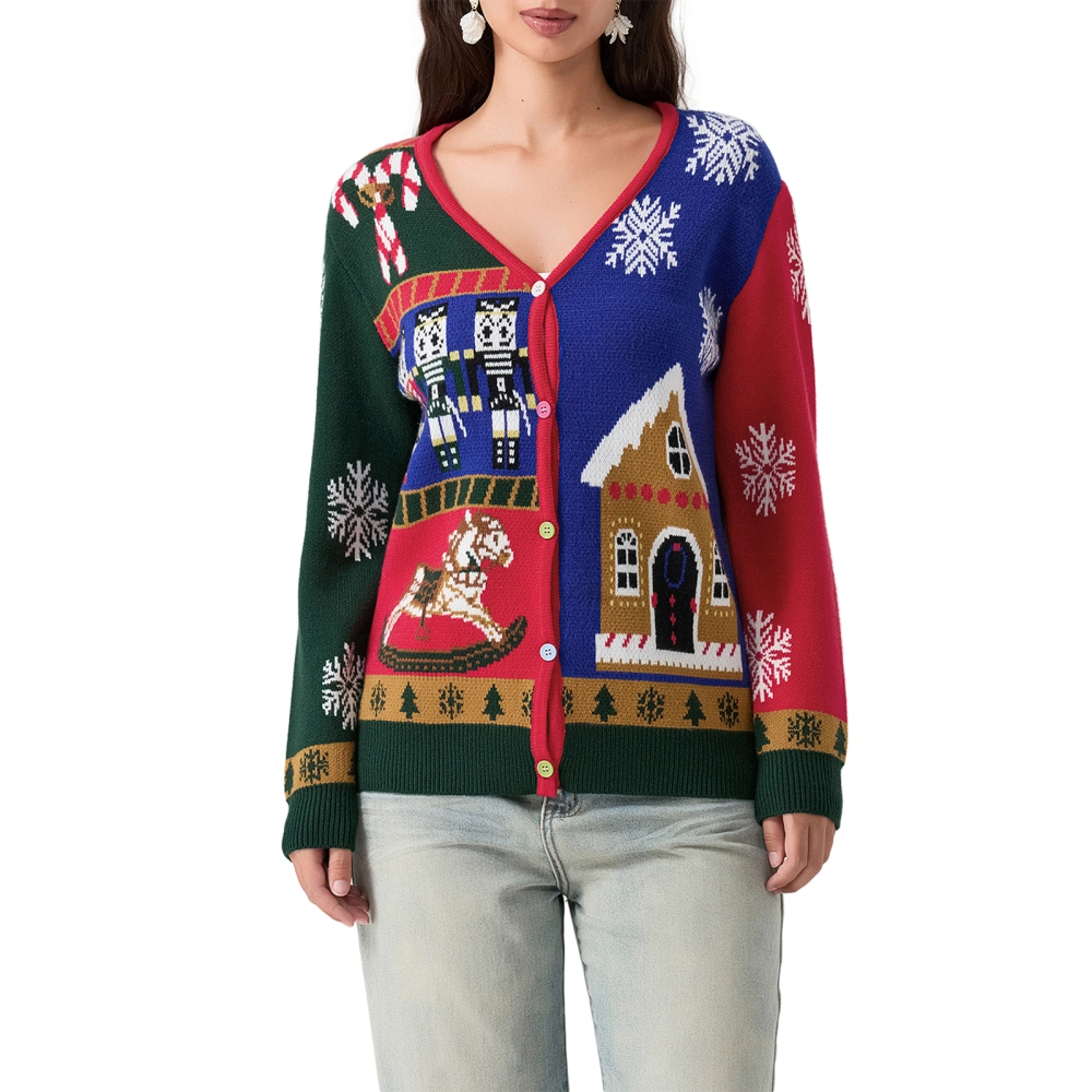 Women's Christmas Knit Cardigan Snowflake Long Sleeve V-Neck Sweater