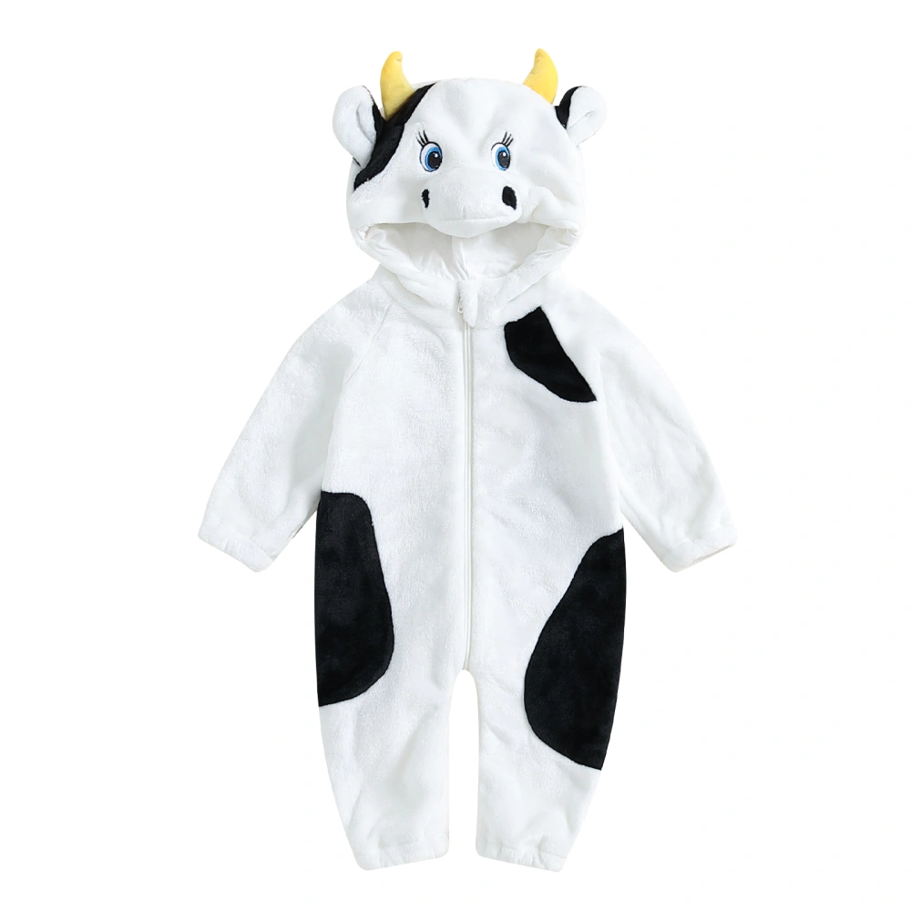 Baby Cute Cow Romper Contrast Color Zipper Hooded Long Sleeve Jumpsuit