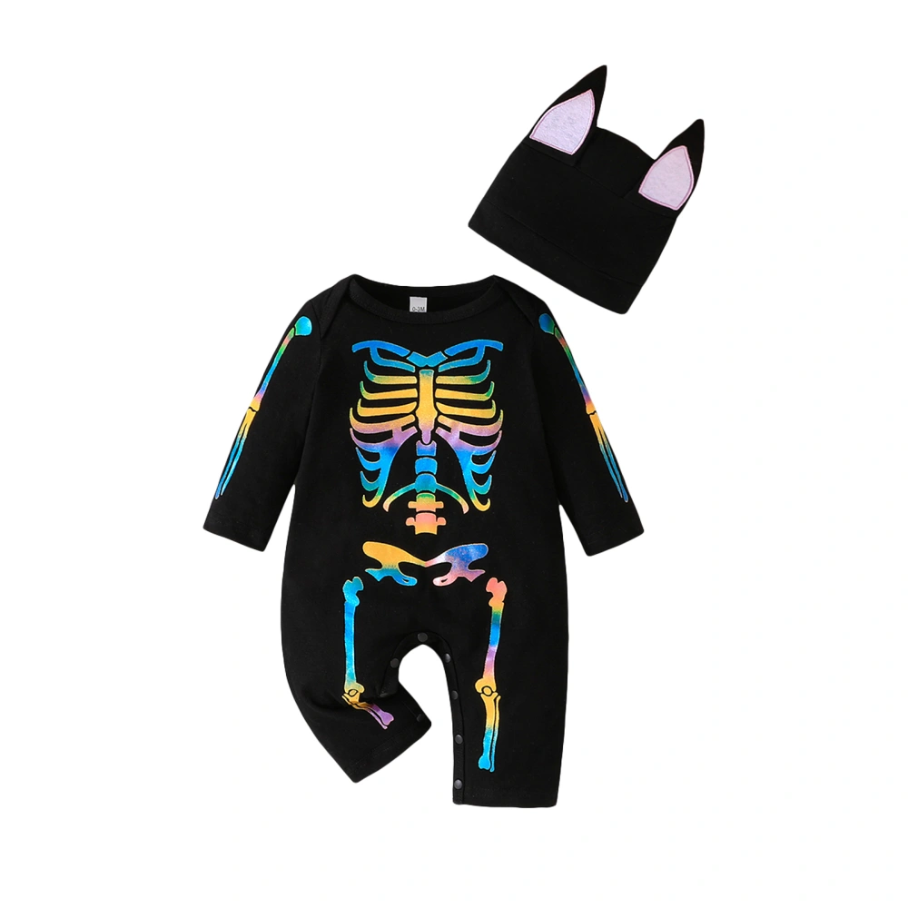 Baby Girls Halloween Romper Skeleton Print Jumpsuits and Cute Hat