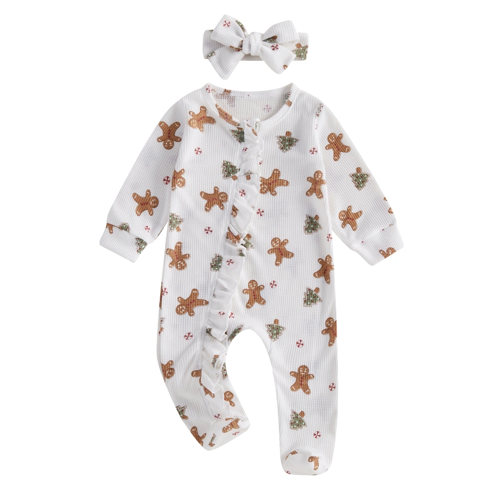 Baby Christmas Jumpsuit Gingerbread Print Ruffle Romper with Headband