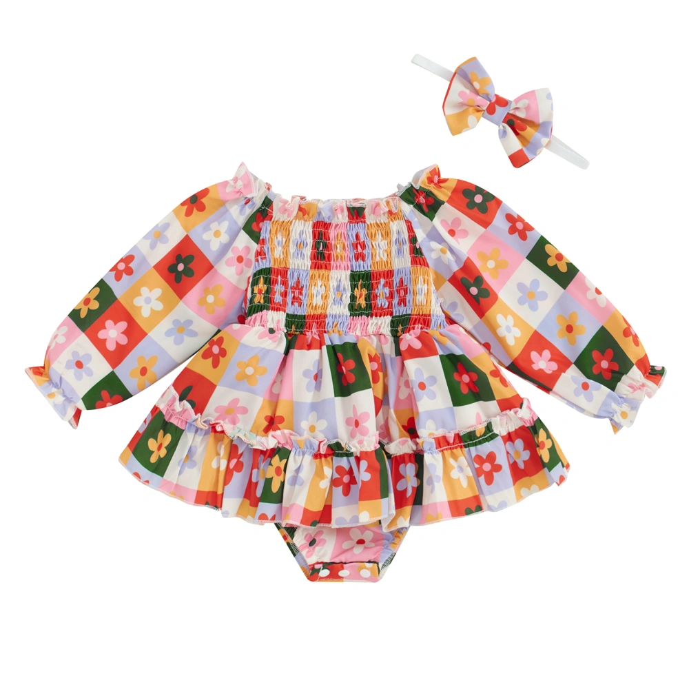 Baby Romper Dress Long Sleeve Flower Plaid Print Romper with Headband