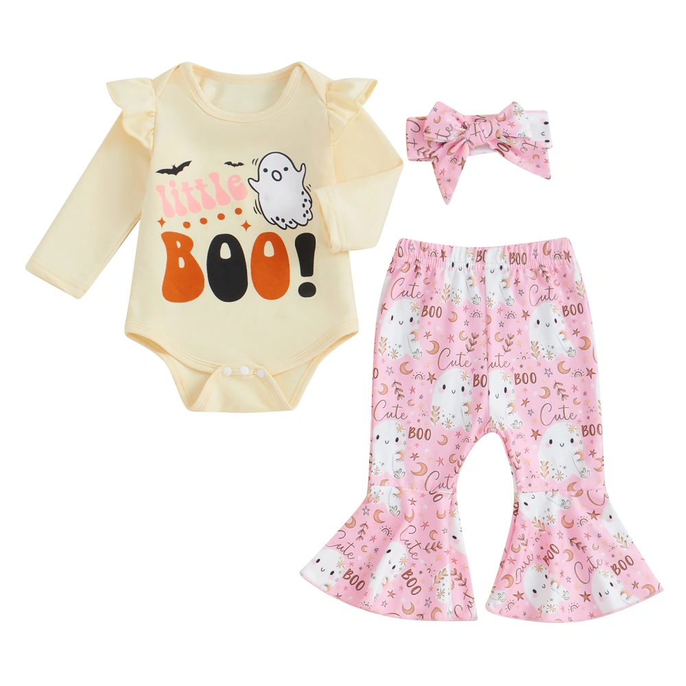 Baby Girl Halloween Outfit, Ghost Print Romper Flare Pants Headband