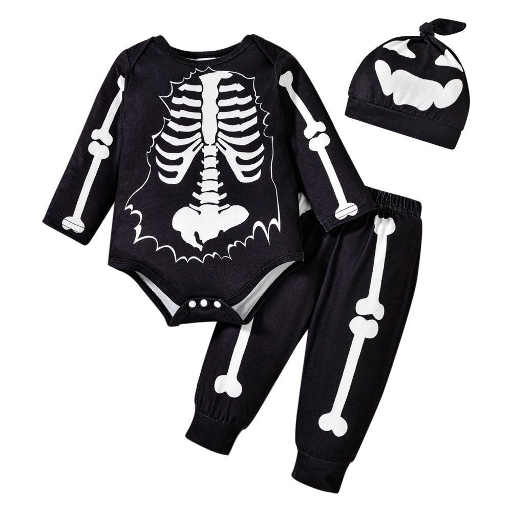 Baby Boy Halloween Outfit Skeleton Print Rompers and Pants Hat Set 