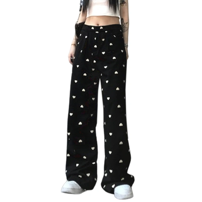 Womens Straight Wide Leg Pants Cute Cat/Heart Print Loose Trousers