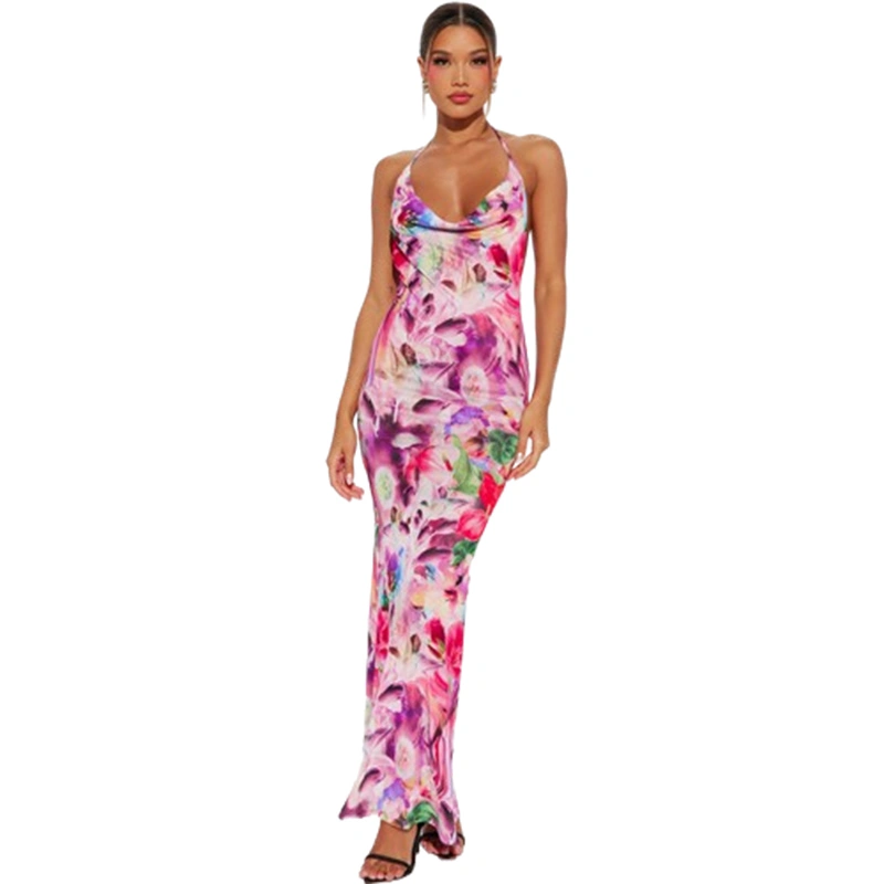 Women Halter Neck Dress Summer Floral Print Backless Bodycon Dress