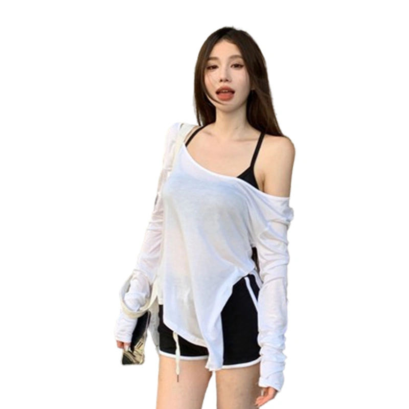 Women's Side Split Tops Off One Shoulder Long Sleeve T-Shirts 