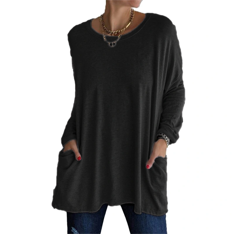 Women Solid Color T-Shirts Pocket Drop Shoulder Long Sleeve Loose Tops