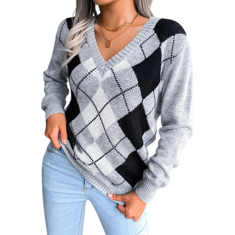 Women's Diamond Pattern Fall Sweater Long Sleeve V-Neck Knitwear 