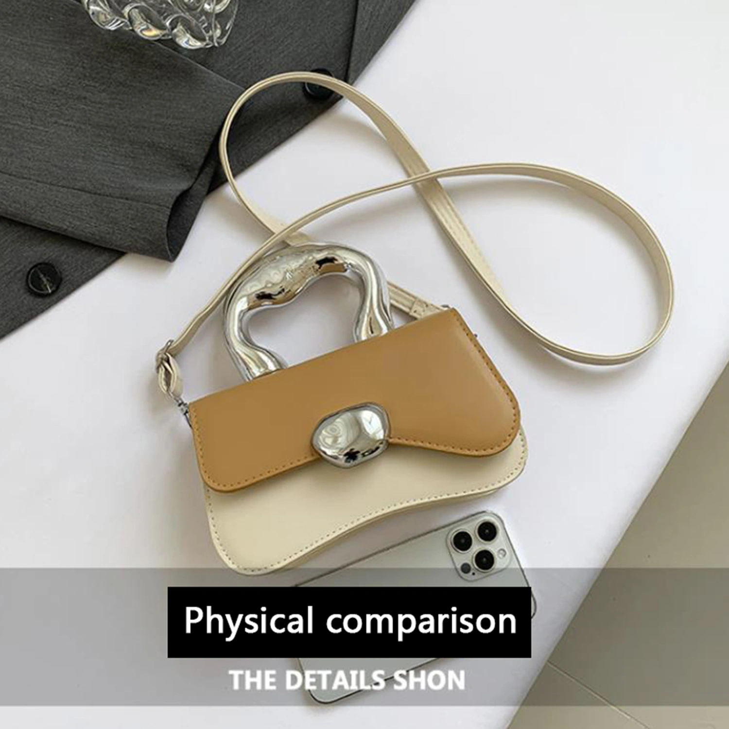 Women Crossbody Bag Detatchable Shoulder Strap Contrast Color Handbag
