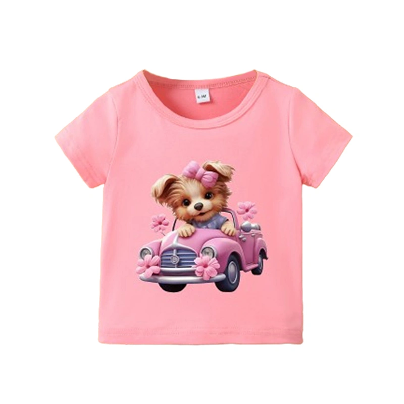 Boy Girl Summer T-Shirt Dog Car Print Short Sleeve Round Neck Tops