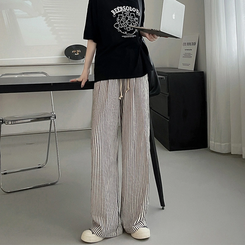 Women Wide Leg Pants Stripe Print Loose Drawstring High Waist Trousers