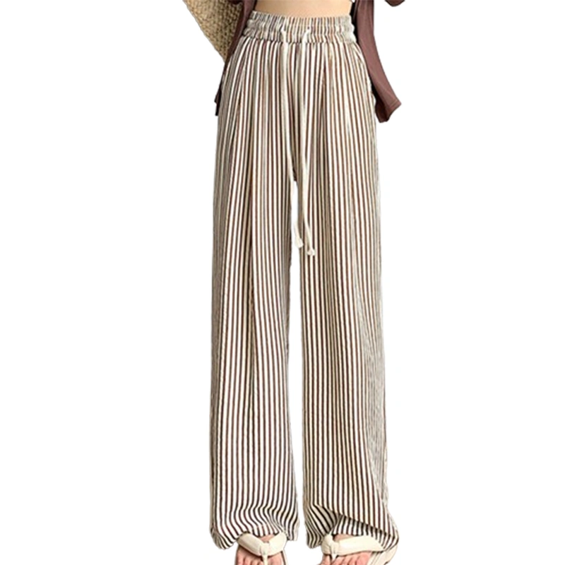 Women Wide Leg Pants Stripe Print Loose Drawstring High Waist Trousers
