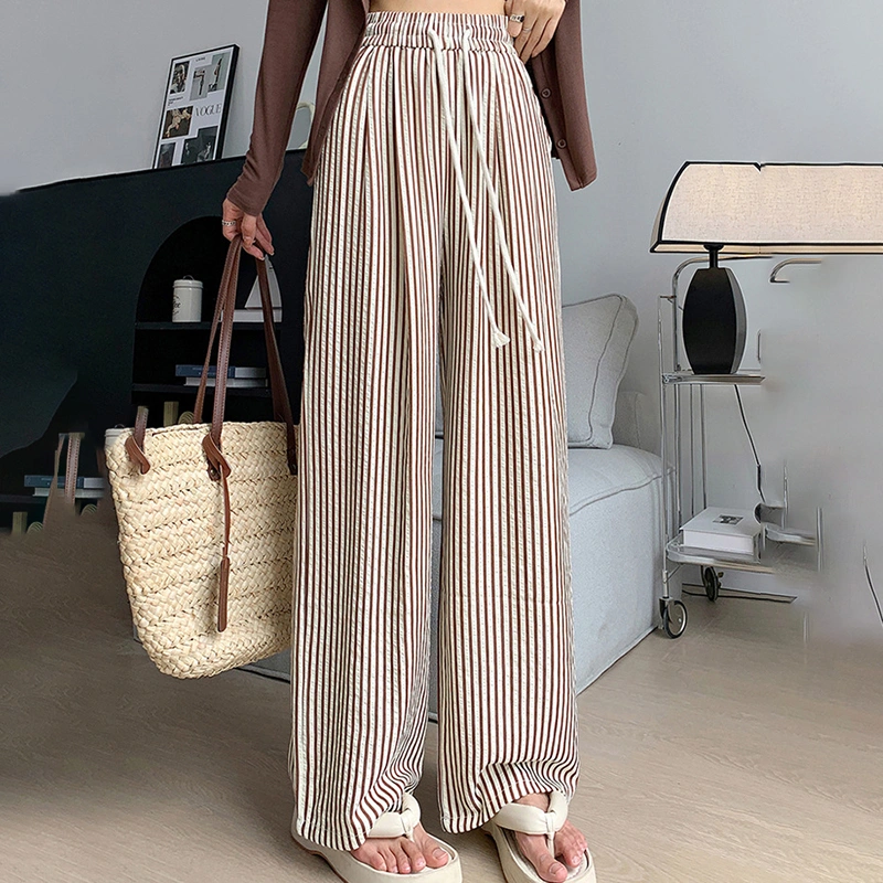 Women Wide Leg Pants Stripe Print Loose Drawstring High Waist Trousers
