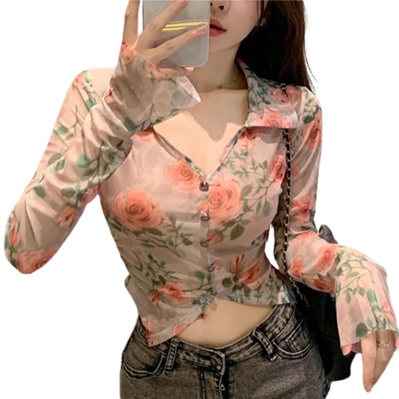 Women Slim Short Shirt Long Sleeve Lapel Button Up Floral T-shirt