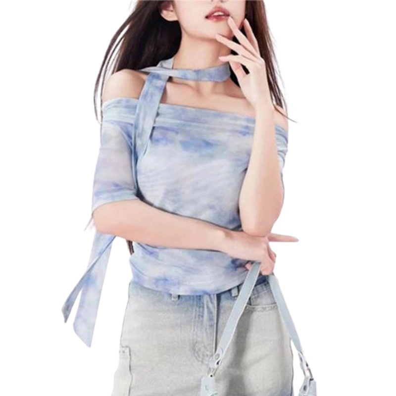 Women T-shirt Elegant Off-shoulder Tie-dye Print Tops with Neck Strap