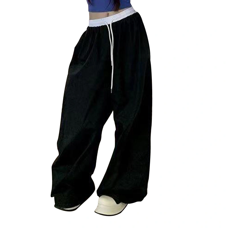 Women Baggy Pants Drawstring Waistband Contrast Color Wide Leg Pants