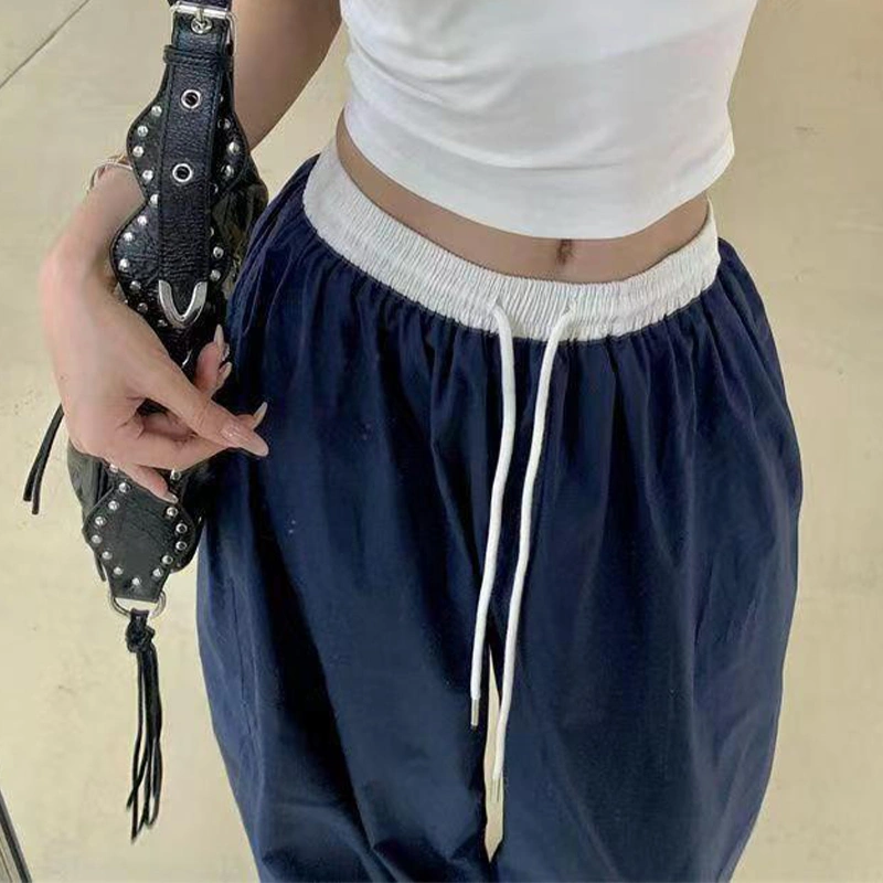 Women Baggy Pants Drawstring Waistband Contrast Color Wide Leg Pants