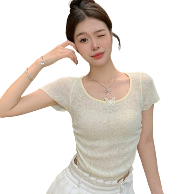 Women's Summer Knit Crop Tops 3D Butterfly Short Sleeve Sheer T-Shirt