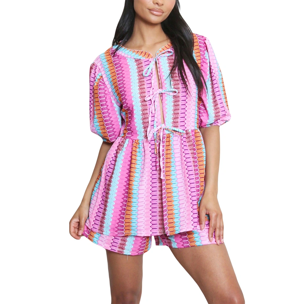 Women 2-Piece Outfits Summer Striped Print Tie Front Shirt and Shorts