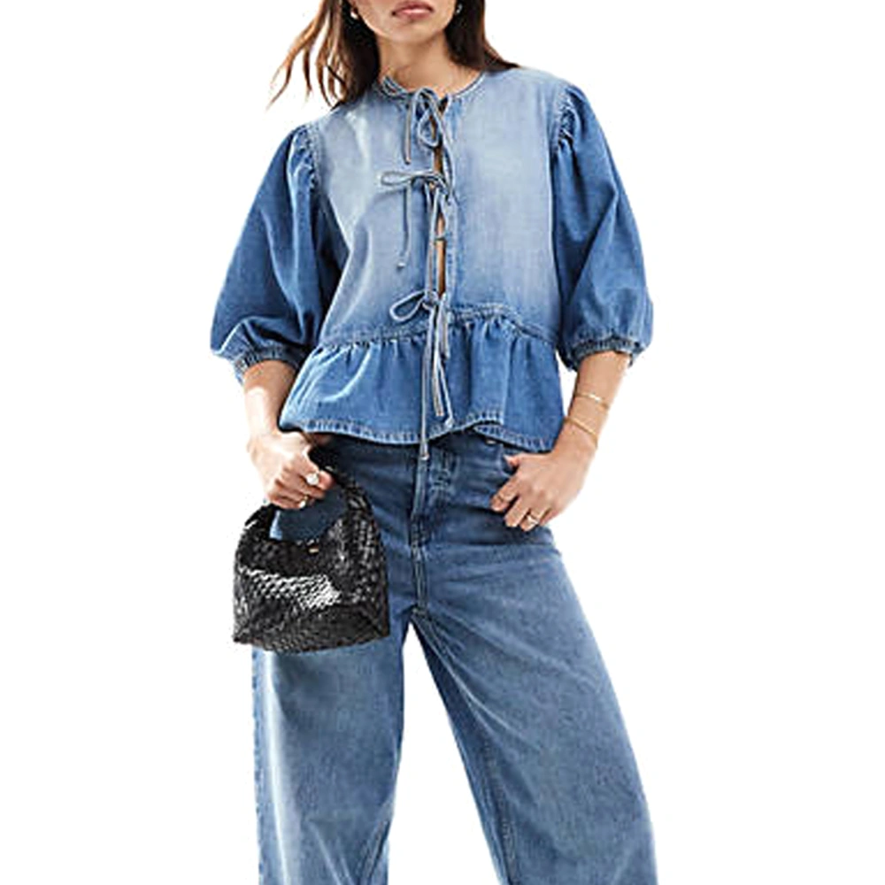 Womens Denim Blouse Tie Front Puff Sleeve Round Neck Ruffle Hem Tops