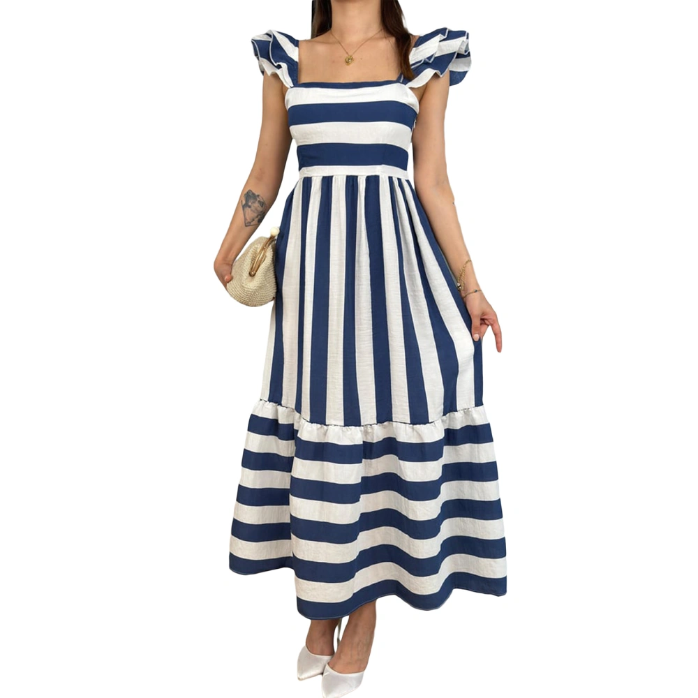 Women Slip Dress, Elegant Fly Sleeve Striped Dress Summer Long Dress