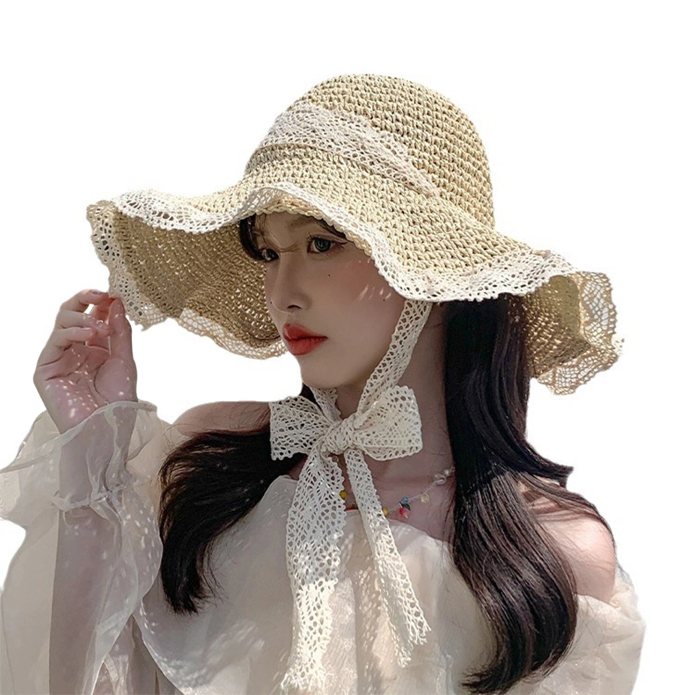 Women Summer Straw Hat Bucket Cap Lace Patchwork Bucket Hats