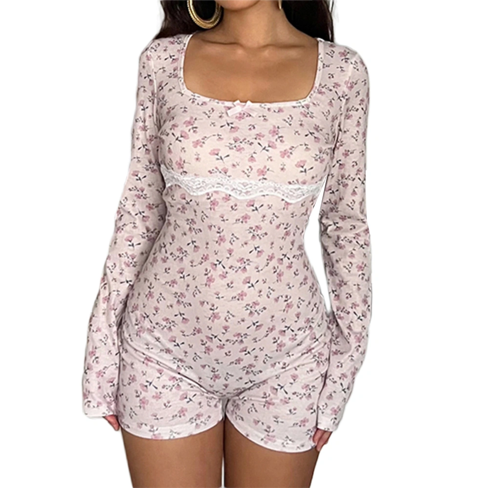 Women Short Pajamas Romper Long Sleeve Slim Floral Sleepwear