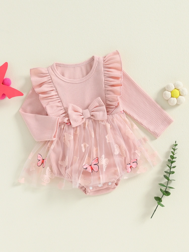 Girls Romper Dress Long Sleeve Butterfly Print Tulle Patchwork Romper