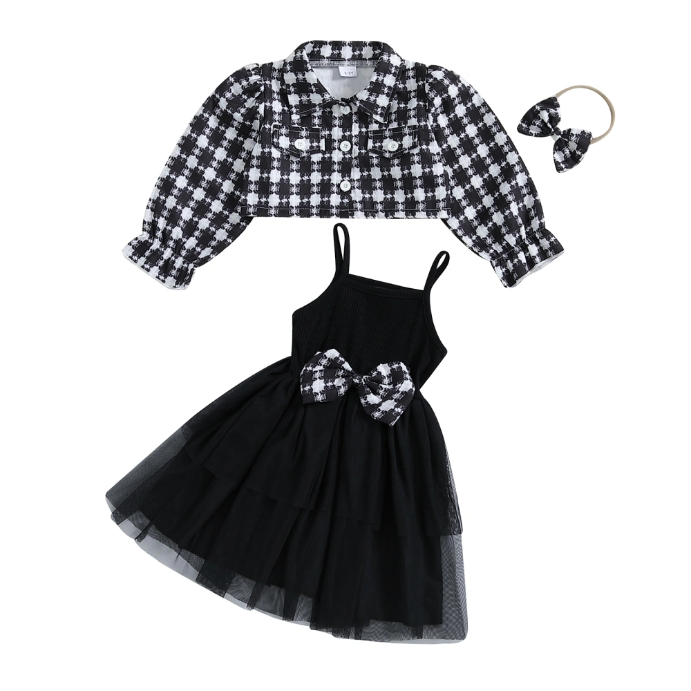 Girl 3PCS Set Long Sleeve Plaid Coat Sleeveless Dress Headband