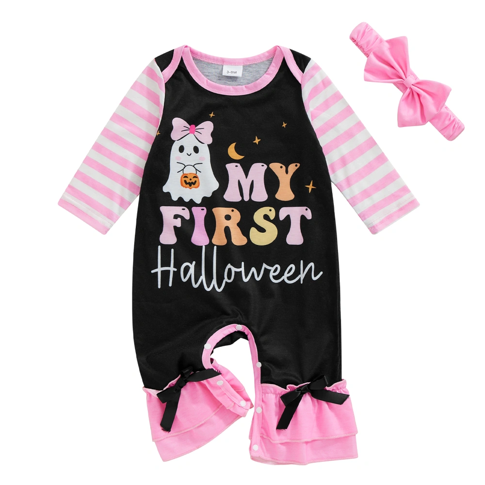 Baby Girls Halloween Outfits Long Sleeve Ghost Jumpsuit with Headband