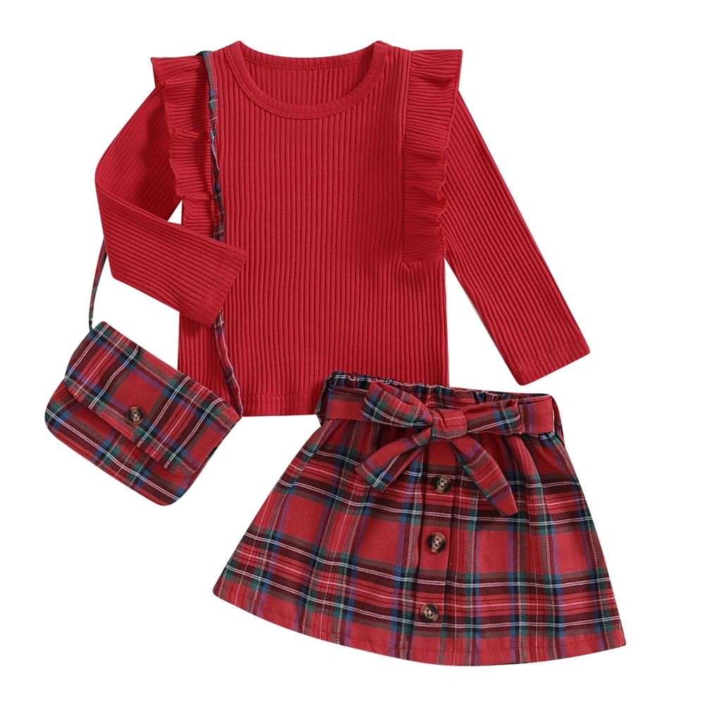 Girl Skirt Set Ruffled Ribbed Tops Plaid Short Skirt Crossbody Bag