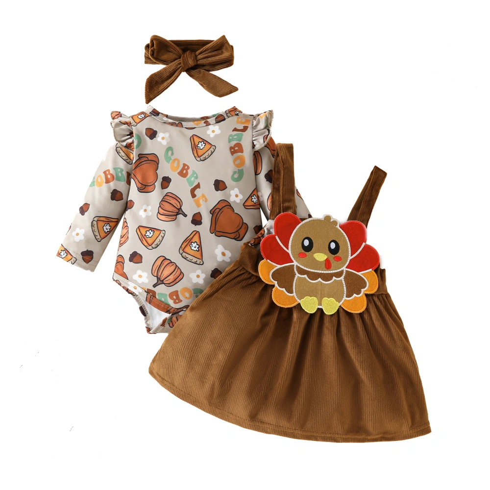 Girl Thanksgiving Set Romper Turkey Corduroy Overalls Skirt Headband