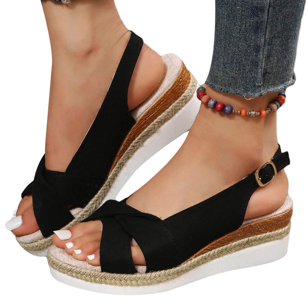 Women Platform Sandals Solid Cross Peel Toe Thick Sole Heeled Sandals