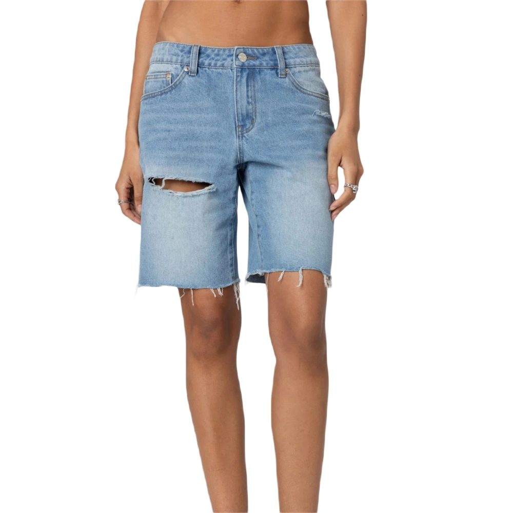 Women Summer Short Denim Pants Straight Leg Knee Length Shorts