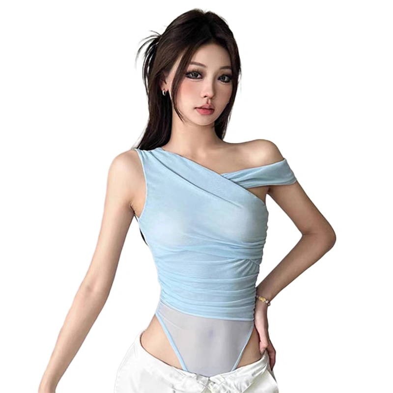 Women's Asymmetric Slim Bodysuit Solid Sheer Short Sleeve Leotard Tops