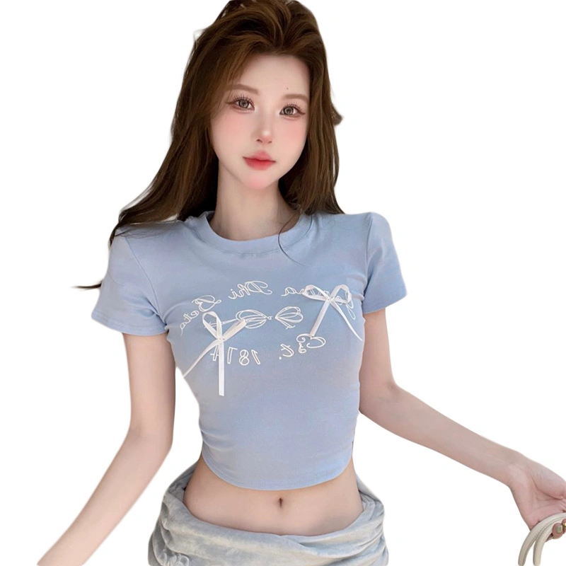 Women Crop Basic T-Shirts Letter Print Cute Bow Short Sleeve Tops 