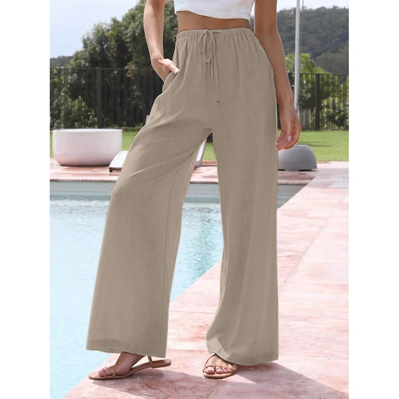 Women Long Pants Solid Color High Waist Wide Leg Drawstring Trousers