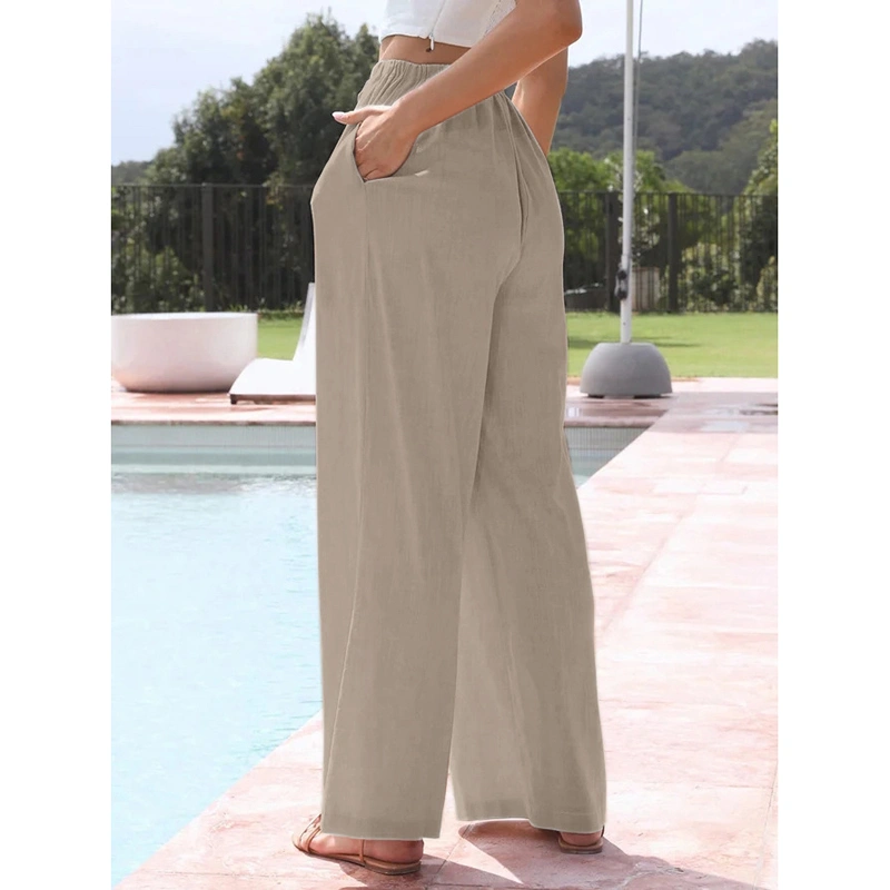 Women Long Pants Solid Color High Waist Wide Leg Drawstring Trousers